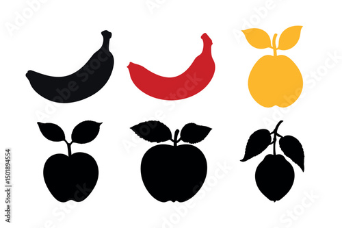 Simple fruit silhouettes black red yellow