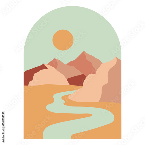 Stylized desert landscape with river and sun illustration design