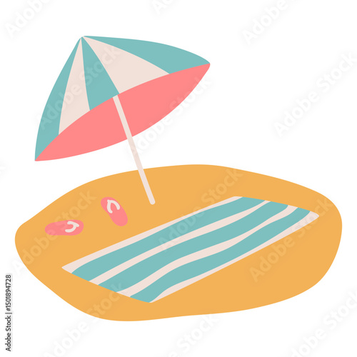 Towel and umbrella in beach flat