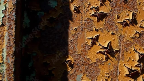 Detailed close-up of peeling paint on weathered surface, texture shows signs of aging and corrosion. The paint is flaking, revealing the underlying material.