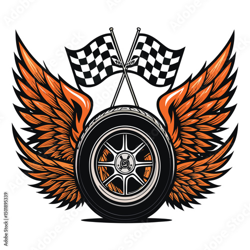 A detailed illustration of a motorcycle wheel engulfed in fiery, feathered wings, incorporating a checkered flag design element.