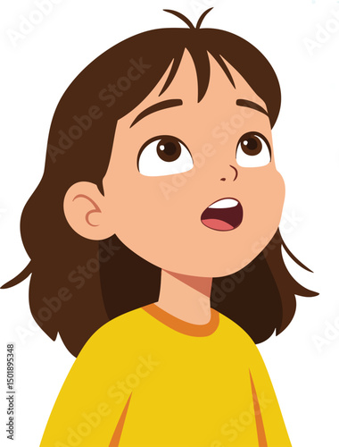 Young girl with brown hair looking upward wearing yellow shirt vector illustration portrait 