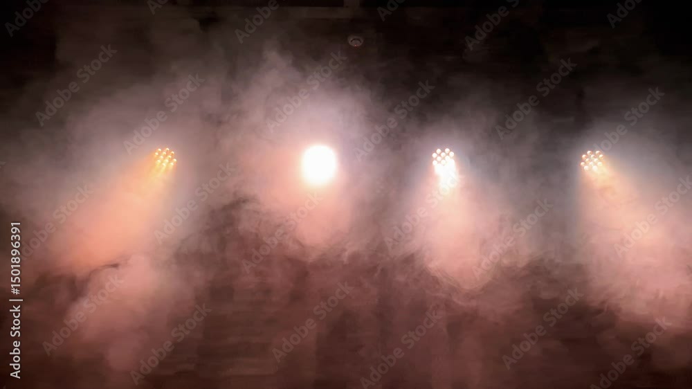 Stage lights penetrating dense smoke, generating vibrant atmospheric effects for concert and performance visual backgrounds