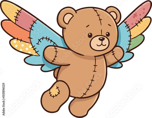 Teddy bear with colorful patchwork wings flying cute vector illustration design 