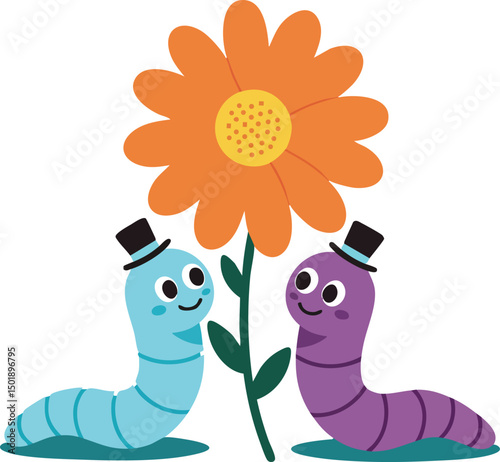 Cute blue and purple worms with black top hats holding orange flower vector illustration for children design 