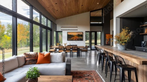 Modern open-plan home living area with autumnal view