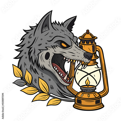 A weathered wolf skull fiercely gripping a shattered antique lantern; California setting, dramatic lighting, detailed texture.