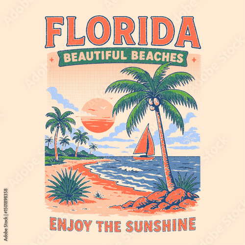 Florida beautiful beaches. enjoy the sunshine retro vintage graphics. womnes girls summer fashion graphics. tropical beach vector illustration. summer t-shirt design.