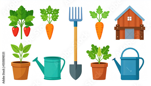 Colorful flat-style illustrations of farm and garden elements including strawberries, carrots, plants, a barn, a pitchfork, a shovel, and watering cans
