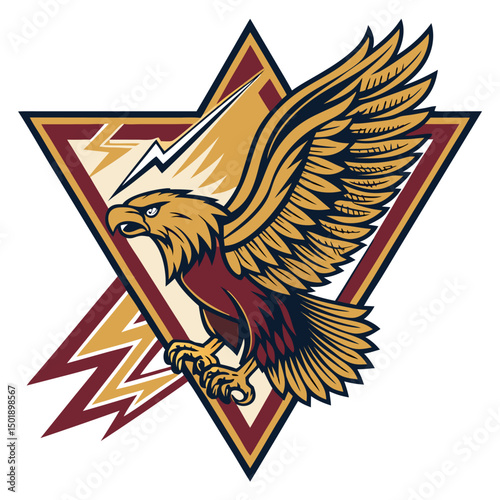 A majestic eagle, wings spread, fiercely clutching two lightning bolts within an ominous, glowing triangle.  Surreal, powerful, dramatic lighting.