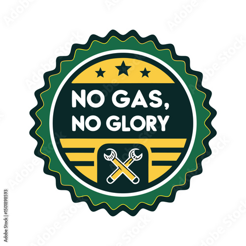 Design a badge featuring a jerry can, crossed wrenches, and a prominent "No G" symbol, suggesting fuel restrictions or maintenance.