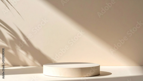 Round White Pedestal Display with Leaf Shadow and Soft Lighting
