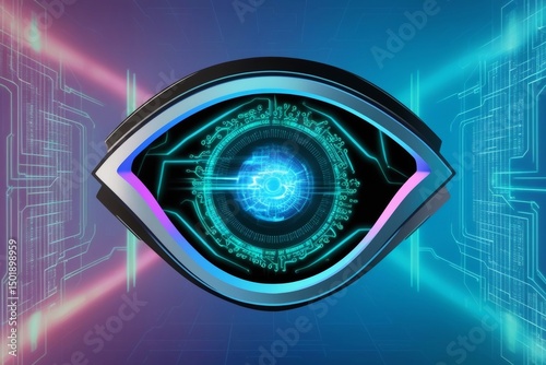 futuristic eye, digital screen glowing, electric blue data streams and neon green codes, blue virtual reality background, futuristic neon