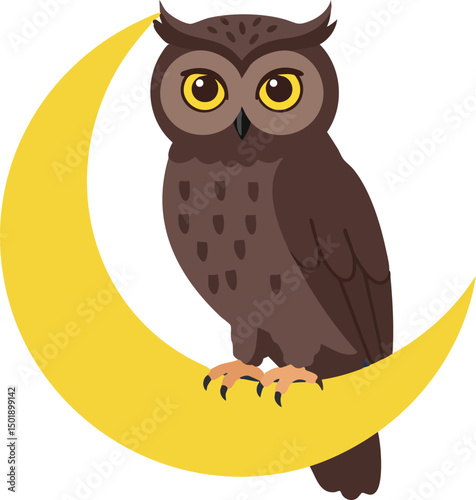 Brown owl sitting on yellow crescent moon vector illustration with nocturnal theme and simple design elements 