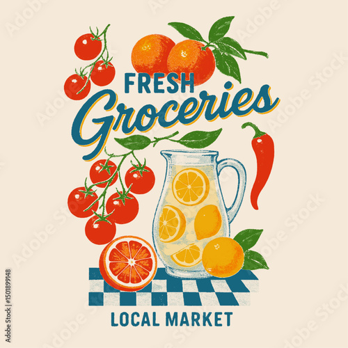 Fresh groceries in local market slogan  . orange, lemon, chil tomato mixe together in local market . color separation screen print food fashion graphics. lemon juice vector. food print t shirt design.