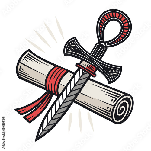 Detailed illustration of an Egyptian khopesh dagger crossed with an ancient papyrus scroll and a scarab beetle, emphasizing intricate hieroglyphs.