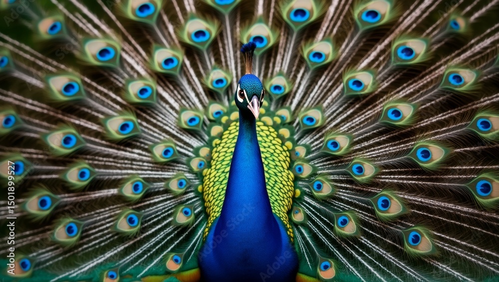 Obraz premium gorgerous peacock with huge widely unfolded tail, front view