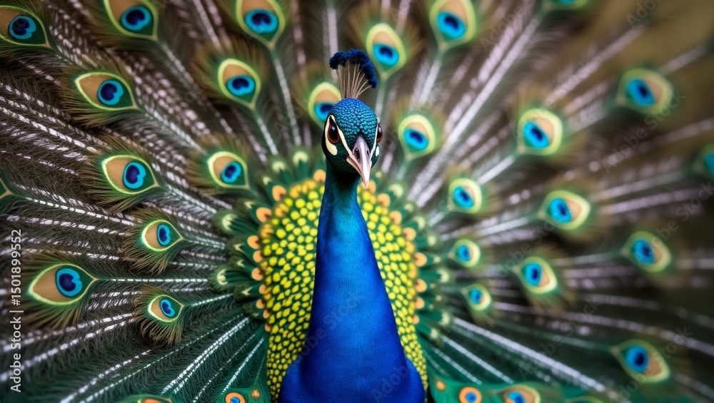 Fototapeta premium gorgerous peacock with huge widely unfolded tail, front view