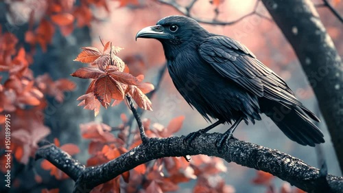 Black bird perched on tree branch