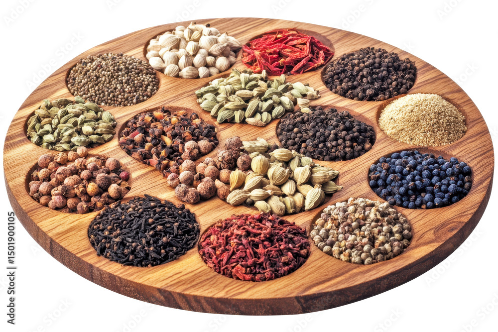 Spice Carousel A wooden platter displays an array of colorful aromatic spices Spice Carousel A wooden platter displays an array of colorful aromatic spices