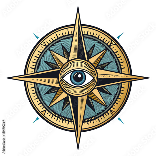 Design an eye-shaped compass with golden-ratio angles, symbolizing vision and guidance.  Include intricate details.