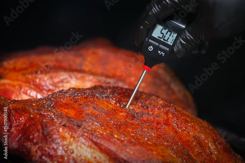 Cook checks internal temperature of smoked meat using digital thermometer, reading 50.5°C, showing food safety and BBQ cooking in progress with dark background

