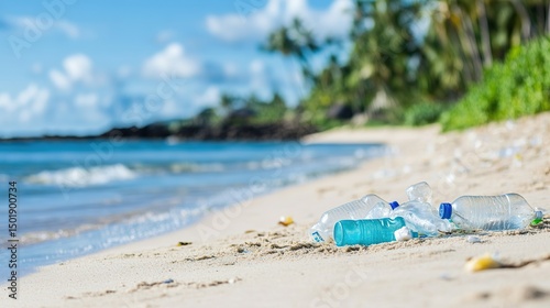 Plastic Pollution on tropical beach Show extent of plastic waste spreading across sandy shore