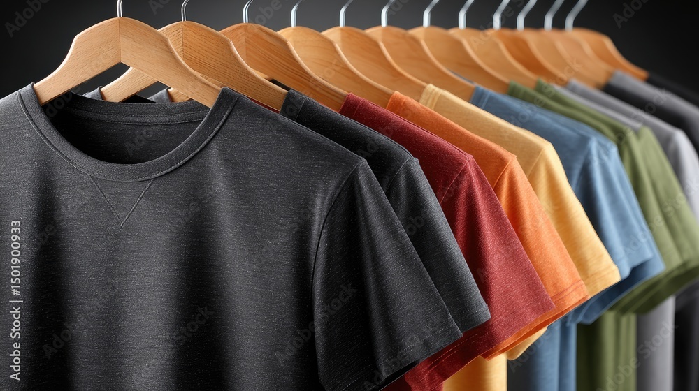 Obraz premium Plain t-shirts in black, red, orange, and blue are arranged neatly on wooden hangers, providing a stylish backdrop for branding or text