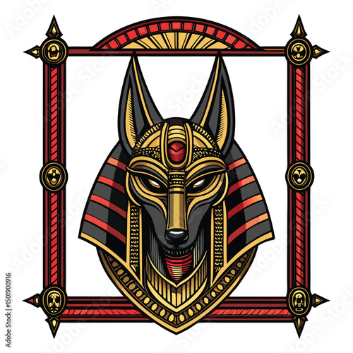 A detailed rendering of an ornate Anubis mask, meticulously framed within a gothic Egyptian architectural style.  High detail, dark tones.