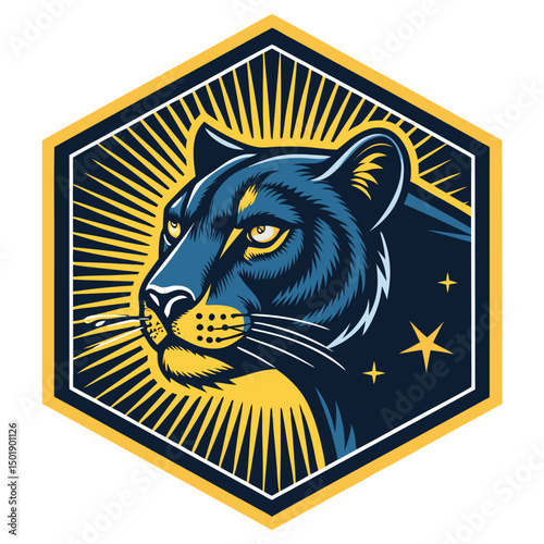 Design a hexagonal badge featuring a majestic panther with striking starburst eyes.  The style should be bold and graphic.
