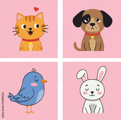 Cute cartoon cat dog bird and rabbit characters with pink background vector illustration 