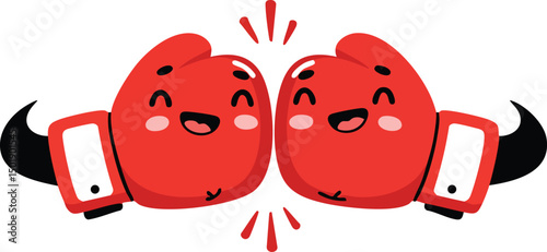 Red boxing gloves with happy faces bumping together cheerful sports illustration design 