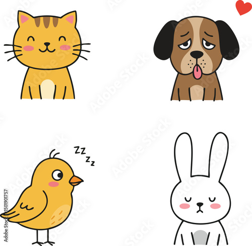 Cute cat dog bird and rabbit animal characters in vector illustration style with playful expressions and warm colors 