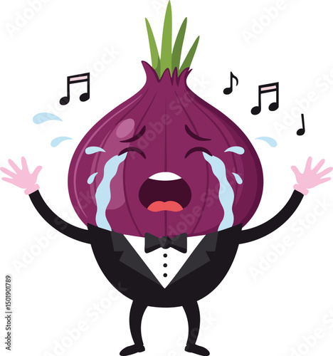 Singing onion character crying tears in tuxedo with musical notes vector illustration 
