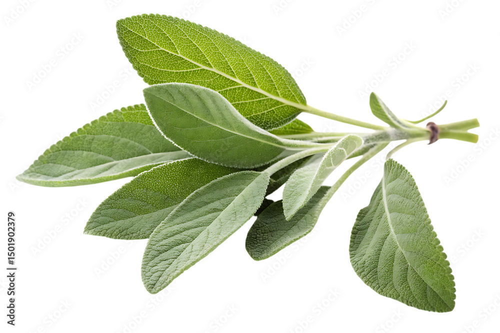 Fresh sage herb sprig with green leaves isolated against a dark black background close up view Fresh sage herb sprig with green leaves isolated against a dark black background close up view