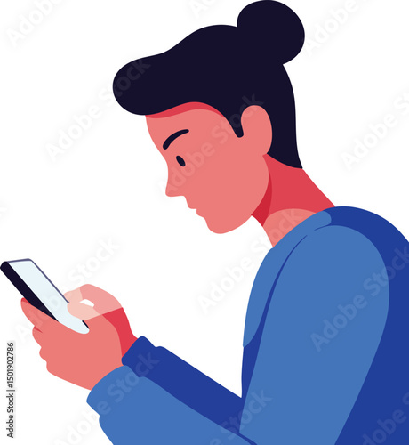 Young woman using smartphone wearing blue top digital communication technology vector illustration 