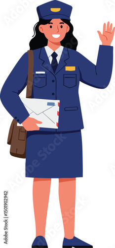 Female Postal Worker Wearing Blue Uniform Carrying Mailbag and Envelope Waving Hand Friendly Greeting Vector Illustration 
