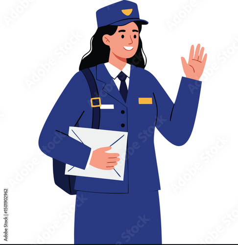 Female postal worker delivering mail in blue uniform waving hand smiling vector illustration 