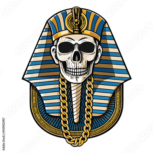 A digitally painted image of an ancient Egyptian pharaoh's skull adorned with a gold grill and a modern hip-hop style chain.  High detail, vibrant colors.