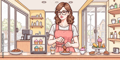 Young woman preparing desserts in a café with colorful treats  