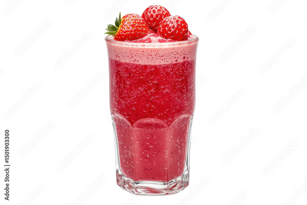 Strawberry smoothie bursting with fresh fruit flavors in a tall glass topped with ripe berries Strawberry smoothie bursting with fresh fruit flavors in a tall glass topped with ripe berries
