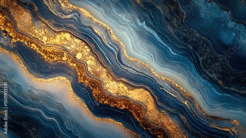 Abstract Blue and Gold Waves in Fluid Art Style