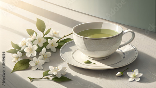 White modern cup and saucer filled with jasmine green tea, illustration with scattered white jasmine flowers on clean background