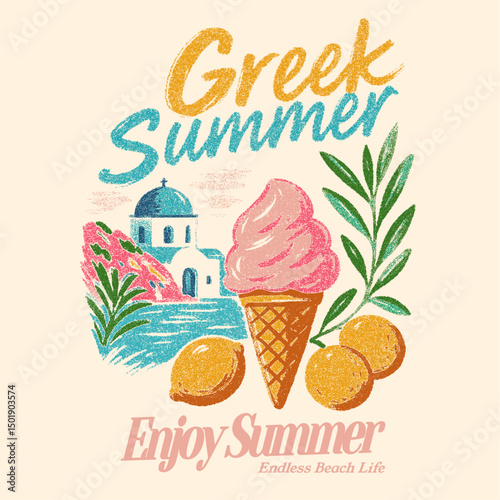 Greek summer. Sunset beach paradise in long beach hand drawn beach prints. sunset beach prints and poster. tropical summer  vintage retro vector graphics. summer t-shirt design.