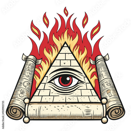 A stylized pyramid eye, radiating ominous light, encircled by flames engulfing ancient papyrus scrolls.  Render in high detail.