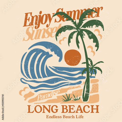 hand drawn beach prints. sunset beach prints and poster. Sunset beach paradise in long beach. endless beach life slogan. tropicalsummer  vintage retro vector graphics. summer t-shirt design.