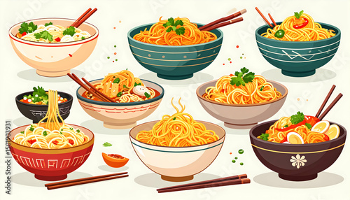Assorted Bowls of Noodles Pixel Art Illustration