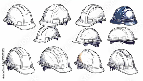 Assortment of White, Blue and Orange Hard Hats Safety Helmets