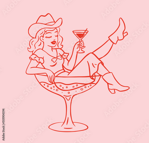 Cowgirl in martini cocktail glass. Bachelorette party.