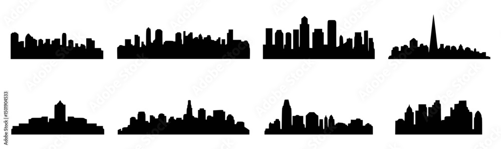 Naklejka premium Set of stylized city skyline silhouettes in black and white